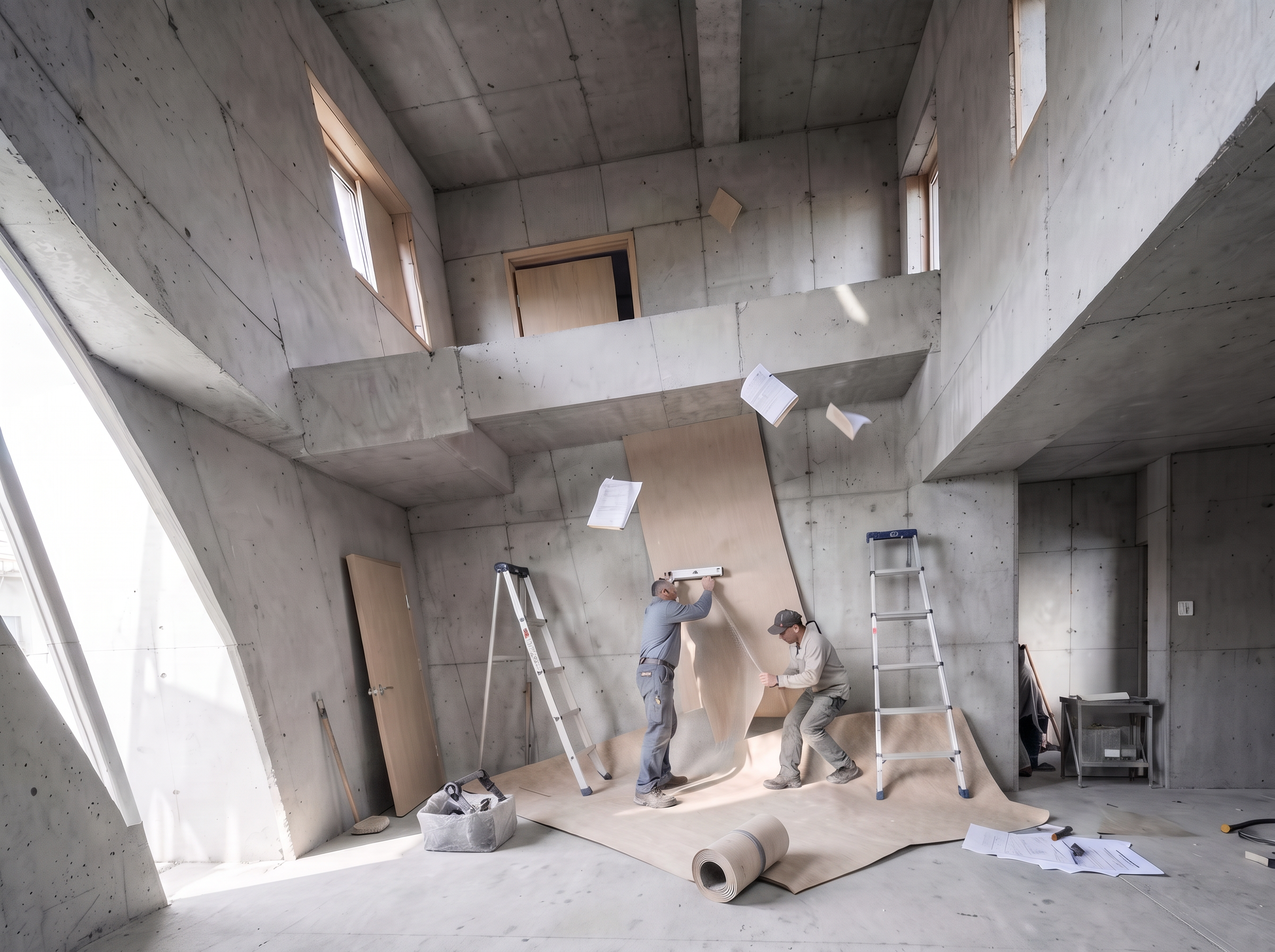 Baustelle in Schieflage: schräge Geschossdecken, Arbeiter und Material rutschen ab